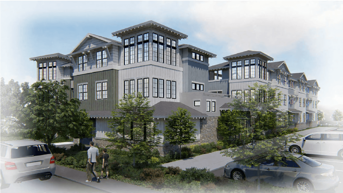 a rendering of a large building with many windows and a street in front of it